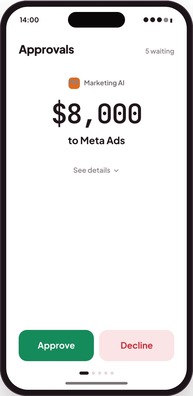 The mobile app: the amount and the payee, Approve and Decline, details one tap away